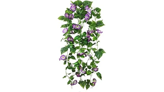 The image shows lush green vines with beautiful purple flowers cascading down a shaded garden wall.
