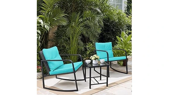 The image shows a stylish outdoor seating set perfect for a screened-in porch.