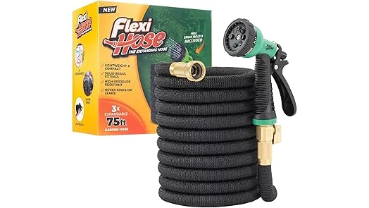 The image shows a coiled, flexible garden hose, highlighting its kink-resistant qualities for easy use.