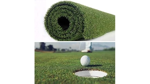 The image shows a lush, perfectly manicured backyard putting green with vibrant grass.