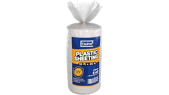 The image shows a gardener carefully inspecting a roll of clear, durable plastic suitable for winter greenhouses.
