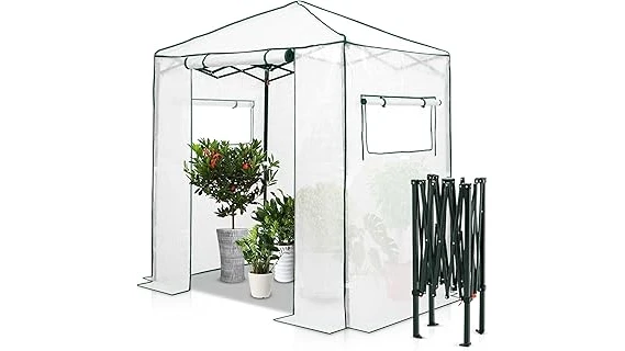 The image shows a sturdy greenhouse designed to withstand strong winds, ideal for high-wind areas.
