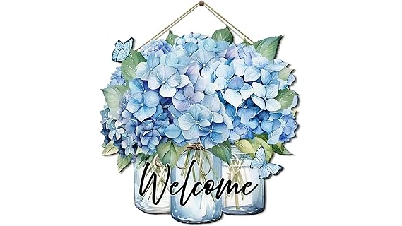 The image shows a vibrant blue hydrangea bush blooming beautifully in front of a welcoming house entrance.