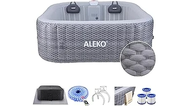 The image shows a spacious inflatable hot tub, perfect for six people enjoying relaxation.