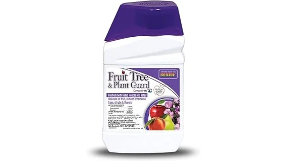 The image shows several bottles of insecticide products suitable for protecting peach trees from pests.