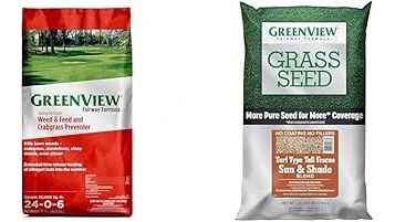 The image shows a selection of lawn fertilizer bags with crabgrass preventer, showcasing top choices.