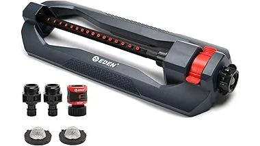 The image shows a high-quality sprinkler head watering a vast green lawn, perfect for large areas.