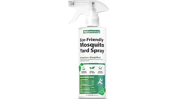 The image shows a person applying lawn treatment to a yard, highlighting top treatments for mosquitoes.