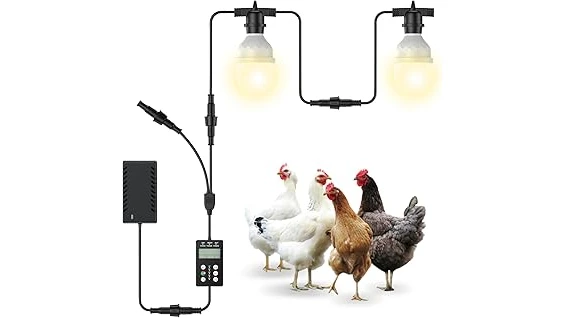 This image shows a chicken coop interior illuminated by specialized lighting from a Top 10 selection.