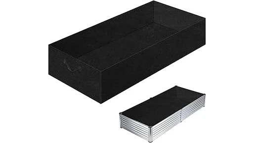 The image shows a gardener installing a durable liner in a raised garden bed.