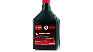 The image shows various bottles of lawn mower oil arranged for a blog post about top oils.