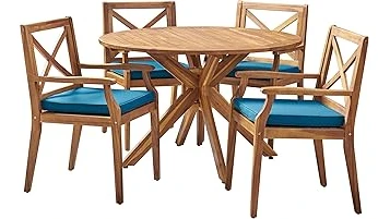 This image shows a stylish outdoor dining set seating six people, perfect for enjoying meals together.