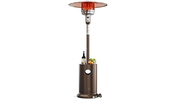 This image shows a patio heater warming a covered porch, ideal for outdoor comfort.