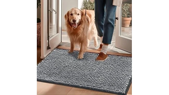 The image shows various durable outdoor dog mats suitable for patios and porches.