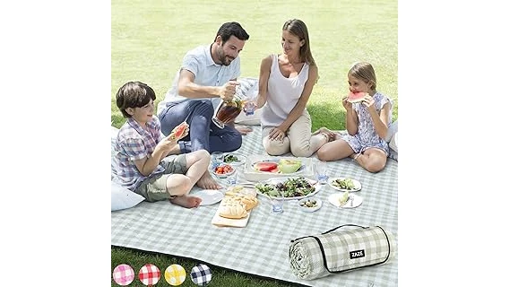 The image shows a colorful outdoor rug spread out on a campsite floor, perfect for the Top 10 Outdoor Rugs for Camping.