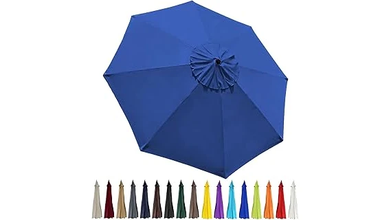 The image shows a sturdy patio umbrella designed to withstand windy conditions, ideal for outdoor living.