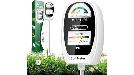 This image shows healthy green grass with a pH meter indicating an ideal range for optimal growth.