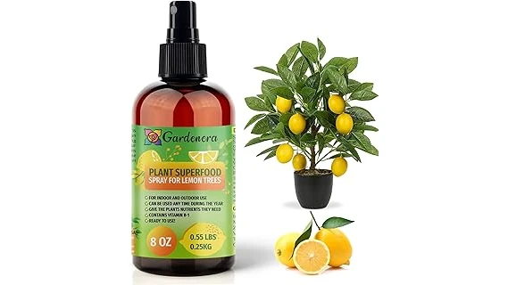 The image shows various bottles and bags of plant food suitable for lemon trees.