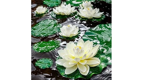 The image shows lush green plants providing shade and beauty around a sparkling blue swimming pool.