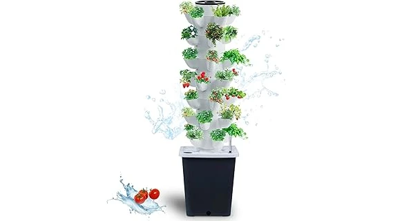 The image shows a lush hydroponic tower garden featuring a variety of leafy greens and herbs for growing.