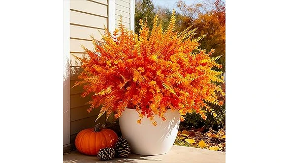 The image shows a vibrant potted plant decorating a welcoming outdoor front door area.