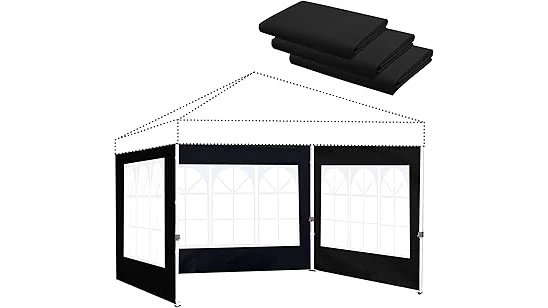 The image shows a sturdy pop-up canopy with side walls, perfect for outdoor events.