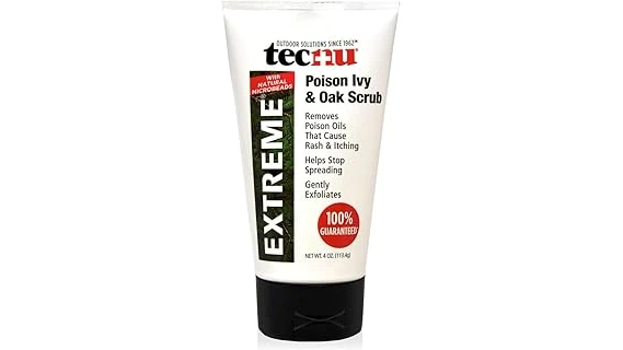 The image shows a hand wearing gloves holding a spray bottle labeled for killing poison ivy.