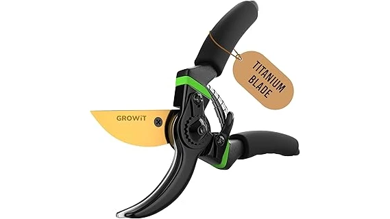 The image shows a gardener holding pruning shears, ready to trim a fruit tree branch.