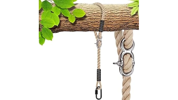 The image shows a sturdy rope attached to a tree branch, ready for a tree swing.