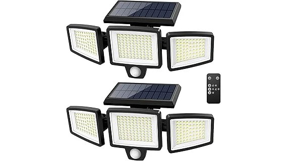 The image shows a modern house exterior illuminated by several bright solar spotlights, part of a Top 10 selection.