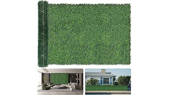The image shows a lush, tall green hedge providing excellent privacy in a garden setting.