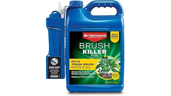 This image shows various weed killer products arranged near a concrete patio.