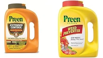 The image shows a gardener applying pre-emergent weed killer to mulch beds.