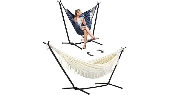 The image shows a comfortable 2 person hammock with stand, perfect for relaxing outdoors.