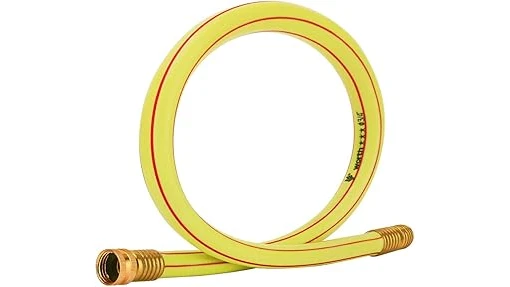 The image shows a coiled, green 3/4 inch garden hose, ideal for yard watering.