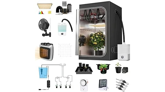 The image shows a fully assembled 4x4 grow tent kit with plants and equipment inside.