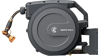 The image shows a Top Rated 10 5 8 Retractable Water Hose Reel mounted on a wall.