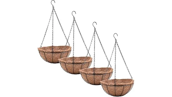 The image shows vibrant flowering annuals cascading from a rustic hanging basket.