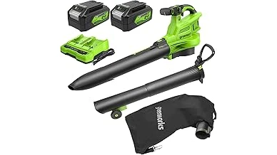 The image shows a powerful battery-powered leaf blower vacuum, essential for yard cleanup.