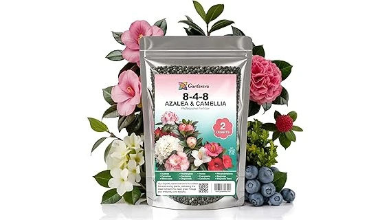 The image shows a lush green azalea plant with several colorful blooms, ready for top-rated fertilizer.