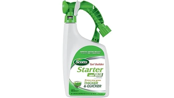 The image shows lush green grass with bags of lawn fertilizer for summer application.