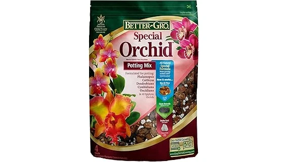 The image shows a vibrant Phalaenopsis orchid with a bottle of highly rated fertilizer suitable for its needs.