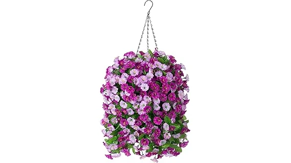 The image shows vibrant flowering plants cascading from hanging baskets, showcasing top rated selections.