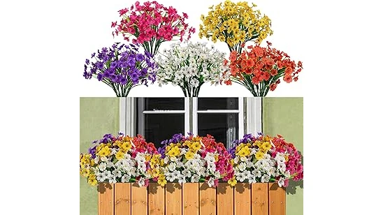 The image shows vibrant petunias and geraniums blooming beautifully on a welcoming front porch.