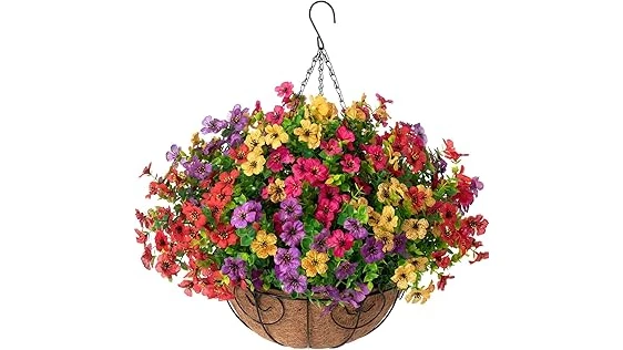 The image shows vibrant petunias and trailing verbena in a sunny hanging basket, perfect for full sun gardens.
