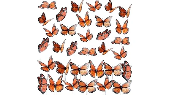 The image shows vibrant orange monarch butterflies feeding on nectar from various colorful flowers.