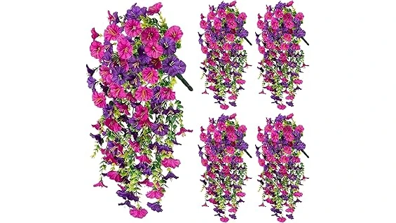 The image shows vibrant hanging flower baskets overflowing with colorful blooms, perfect for full sun gardens.