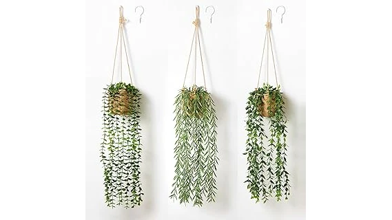 The image shows lush hanging plants creating a green oasis in a well-lit bathroom setting.