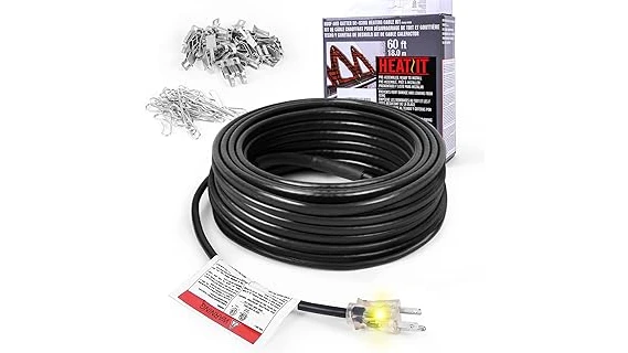 The image shows coiled heat tape designed to keep gutters clear of ice and snow.