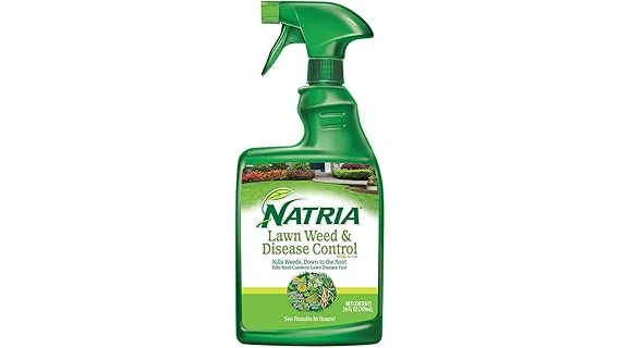 The image shows a bottle of effective weed killer for controlling invasive white clover in lawns.